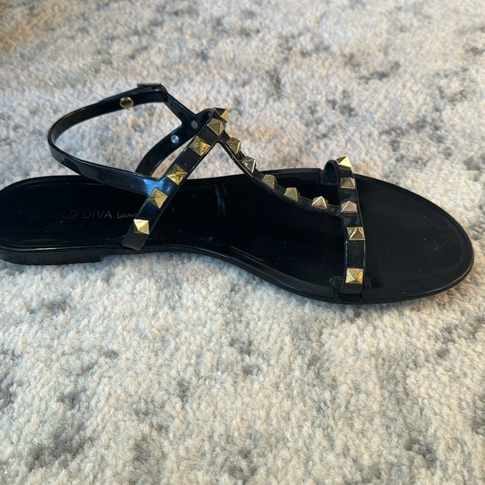 Adorable, rhinestone, black sandals, women’s size 10